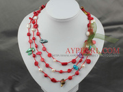 Long Style Red Coral and Pearl Thread Necklace Is Sold
